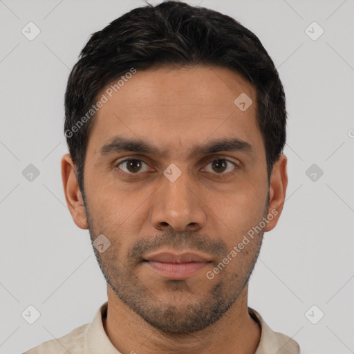 Neutral asian young-adult male with short  black hair and brown eyes