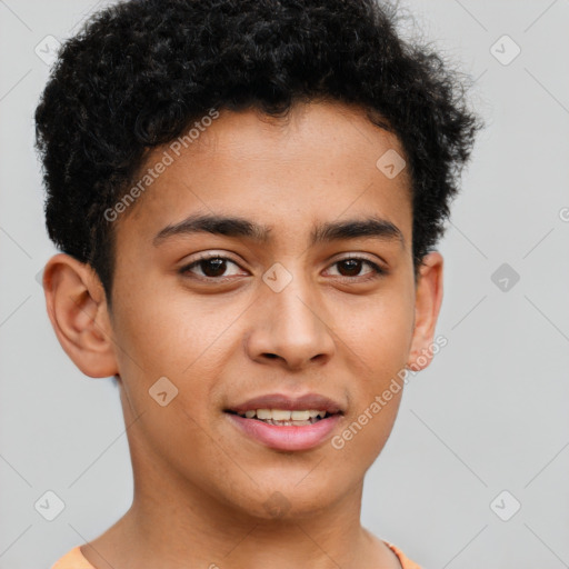 Joyful latino young-adult male with short  brown hair and brown eyes