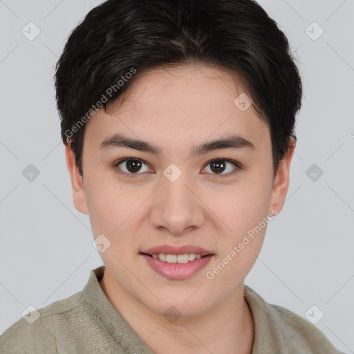 Joyful white young-adult female with short  brown hair and brown eyes