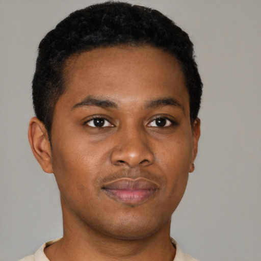 Neutral black young-adult male with short  brown hair and brown eyes