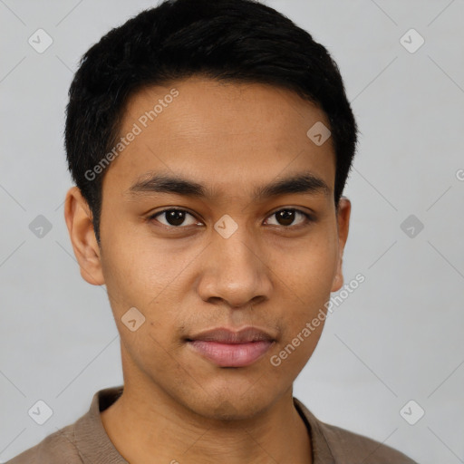 Joyful latino young-adult male with short  black hair and brown eyes