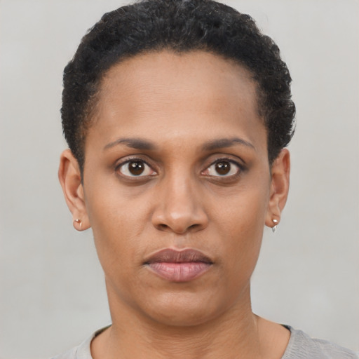 Joyful latino young-adult female with short  black hair and brown eyes