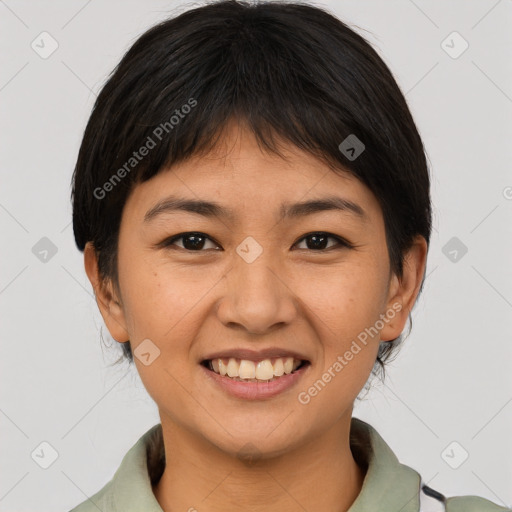 Joyful asian young-adult female with short  brown hair and brown eyes