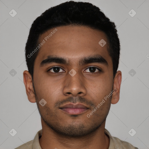 Neutral latino young-adult male with short  black hair and brown eyes