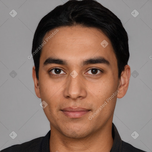 Neutral white young-adult male with short  black hair and brown eyes