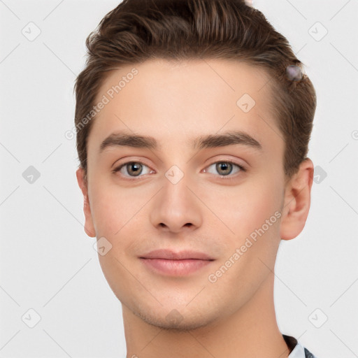 Neutral white young-adult male with short  brown hair and brown eyes