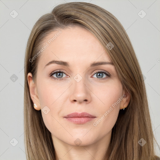 Neutral white young-adult female with long  brown hair and grey eyes