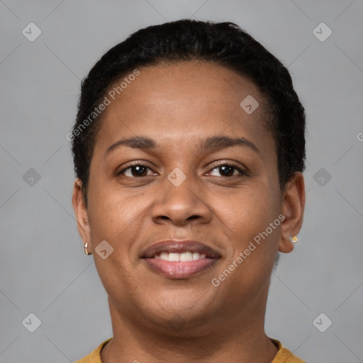 Joyful latino young-adult female with short  brown hair and brown eyes