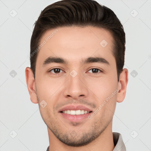 Joyful white young-adult male with short  brown hair and brown eyes