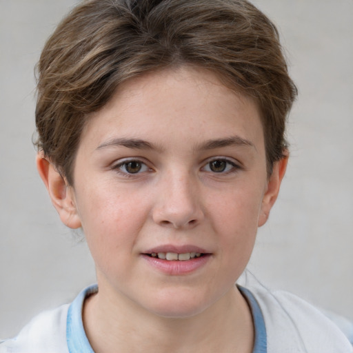 Joyful white child female with short  brown hair and grey eyes