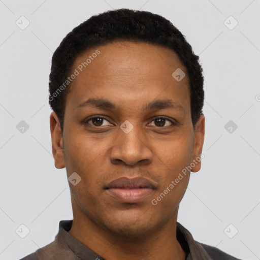 Neutral black young-adult male with short  black hair and brown eyes
