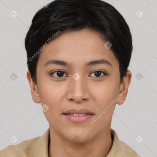 Joyful asian young-adult female with short  brown hair and brown eyes