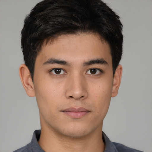 Neutral asian young-adult male with short  brown hair and brown eyes