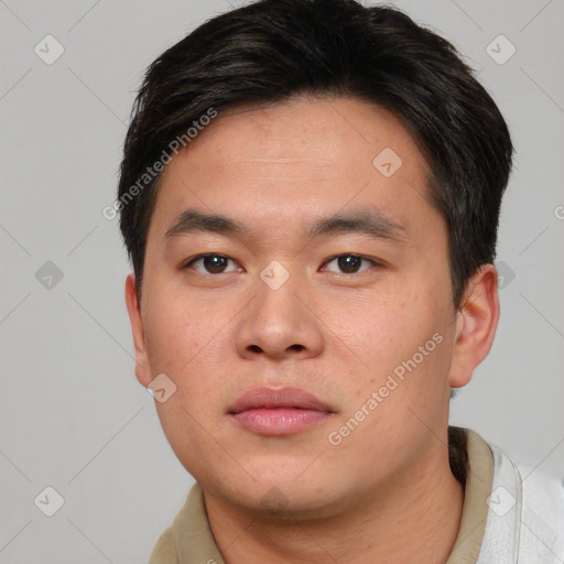 Neutral asian young-adult male with short  brown hair and brown eyes