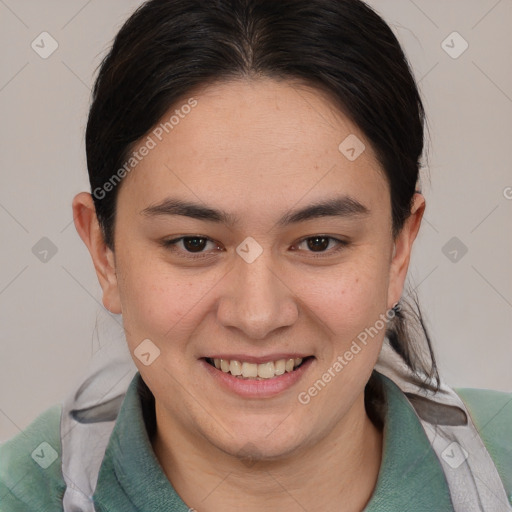 Joyful white young-adult female with medium  brown hair and brown eyes