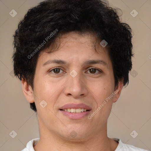 Joyful white adult female with short  brown hair and brown eyes