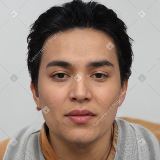 Neutral asian young-adult male with short  black hair and brown eyes
