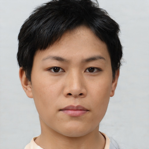 Neutral asian young-adult female with short  brown hair and brown eyes