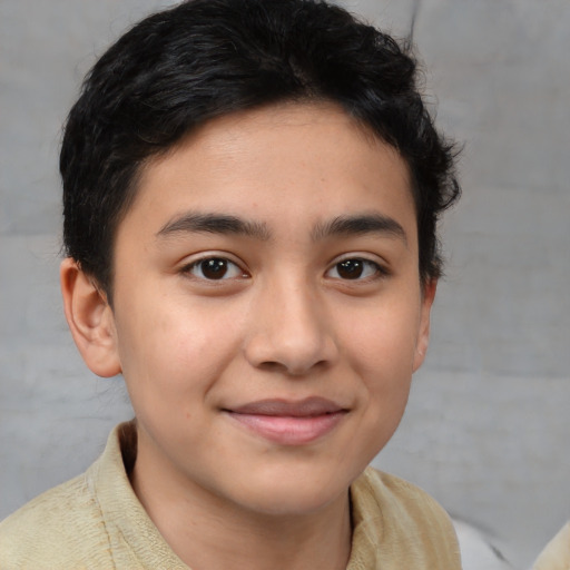 Joyful latino young-adult male with short  brown hair and brown eyes