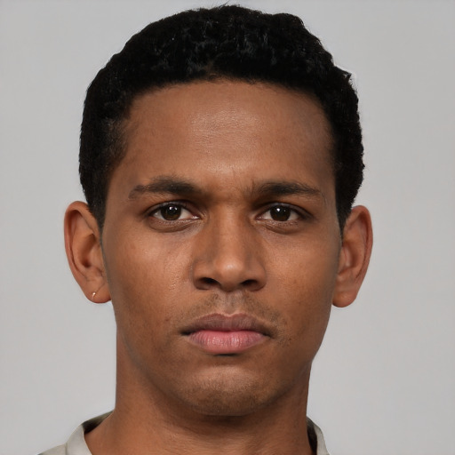 Neutral black young-adult male with short  black hair and brown eyes