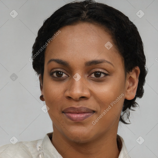 Joyful latino young-adult female with short  black hair and brown eyes