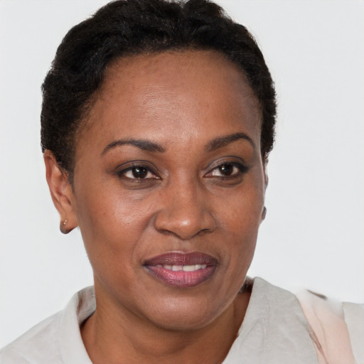 Joyful black adult female with short  brown hair and brown eyes