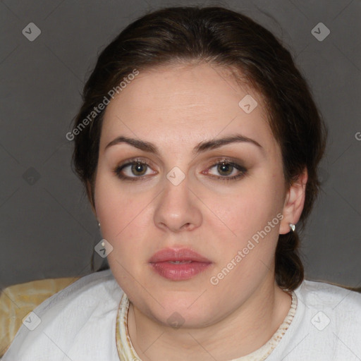 Neutral white young-adult female with medium  brown hair and brown eyes