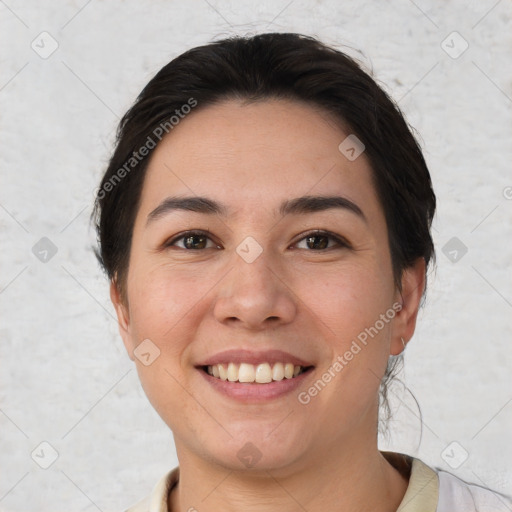 Joyful white young-adult female with short  brown hair and brown eyes