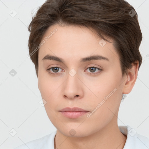 Neutral white young-adult female with short  brown hair and brown eyes