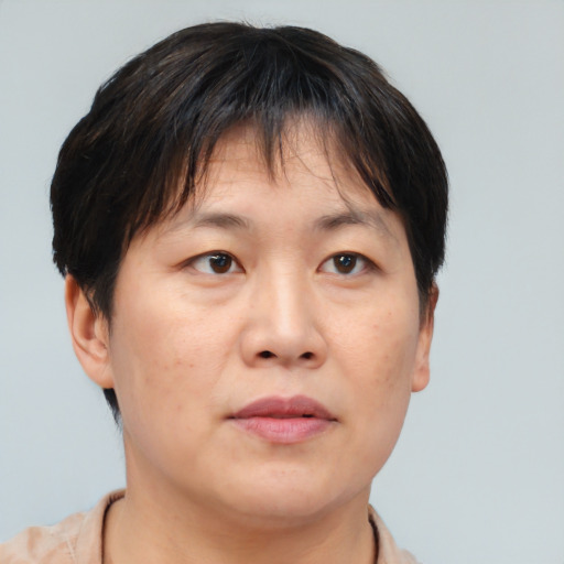 Neutral asian adult male with short  brown hair and brown eyes