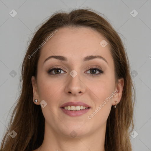 Joyful white young-adult female with long  brown hair and grey eyes