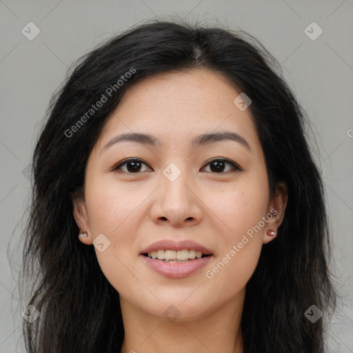 Joyful asian young-adult female with long  brown hair and brown eyes