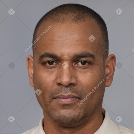 Neutral latino adult male with short  black hair and brown eyes