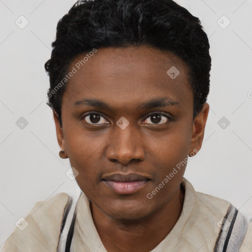 Neutral black young-adult male with short  black hair and brown eyes