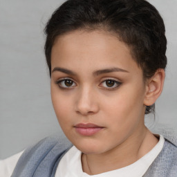 Neutral white young-adult female with short  brown hair and brown eyes