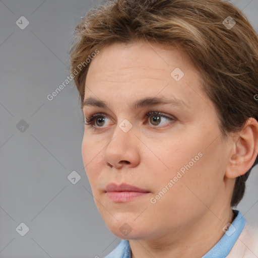 Neutral white young-adult female with short  brown hair and brown eyes