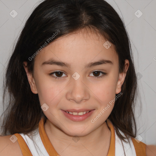 Joyful white child female with medium  brown hair and brown eyes