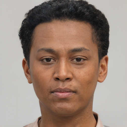 Neutral black young-adult male with short  brown hair and brown eyes