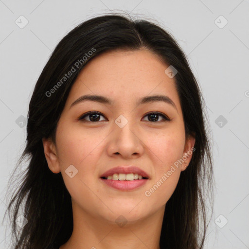 Joyful asian young-adult female with long  brown hair and brown eyes