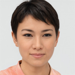 Joyful asian young-adult female with short  brown hair and brown eyes