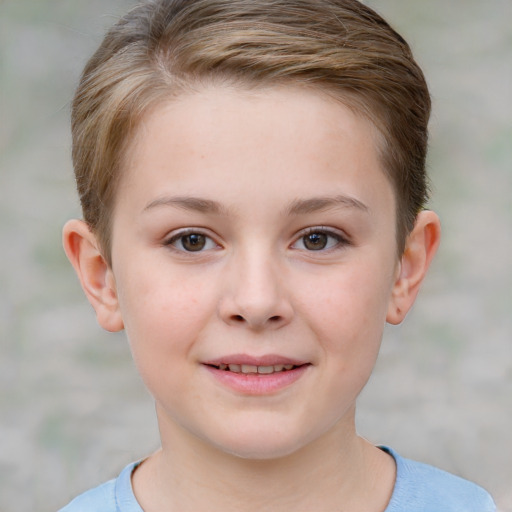 Joyful white child female with short  brown hair and brown eyes