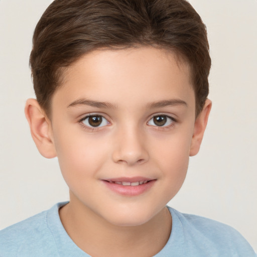 Joyful white child female with short  brown hair and brown eyes