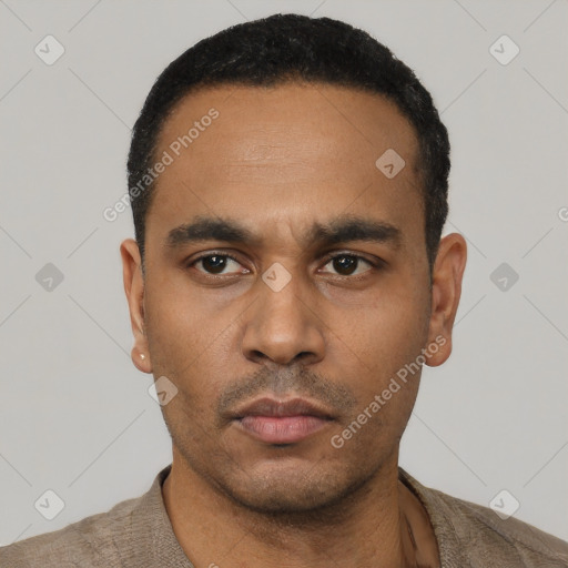 Neutral latino young-adult male with short  black hair and brown eyes