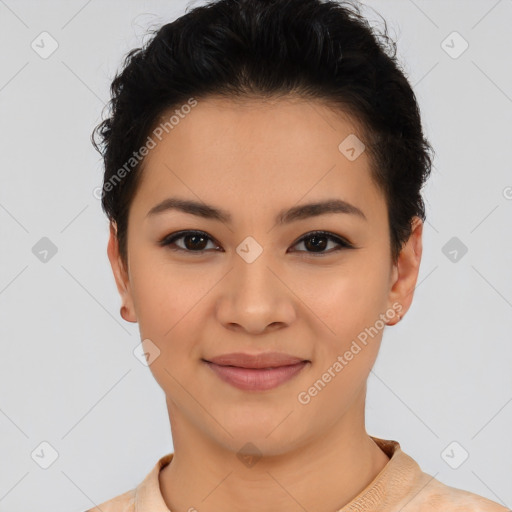 Joyful latino young-adult female with short  brown hair and brown eyes