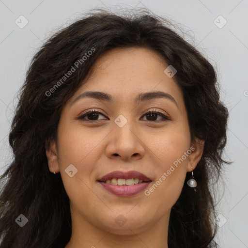 Joyful asian young-adult female with long  brown hair and brown eyes