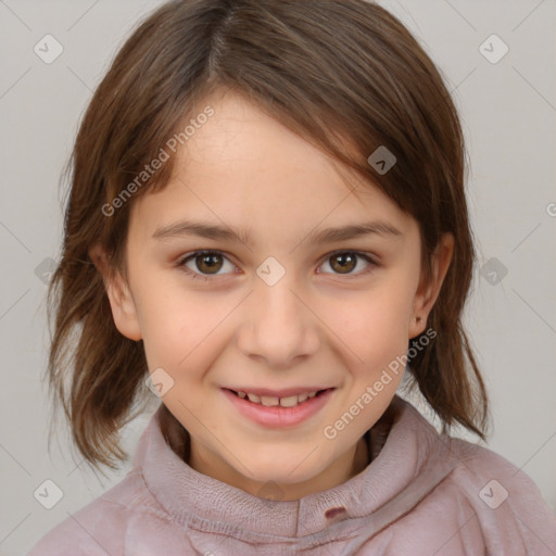 Joyful white child female with medium  brown hair and brown eyes