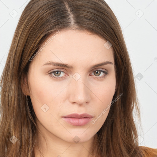 Neutral white young-adult female with long  brown hair and brown eyes