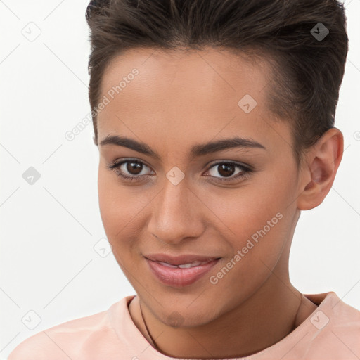 Joyful white young-adult female with short  brown hair and brown eyes