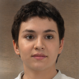 Neutral white young-adult female with short  brown hair and brown eyes