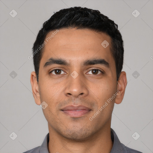 Neutral latino young-adult male with short  black hair and brown eyes